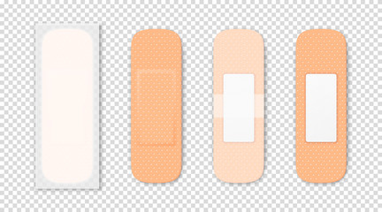 Vector 3d Realistic Medical Patch Icon Set Closeup Isolated on Transparent Background. Design Template Adhesive Bandage Elastic Medical Plasters. Front and Back Side View
