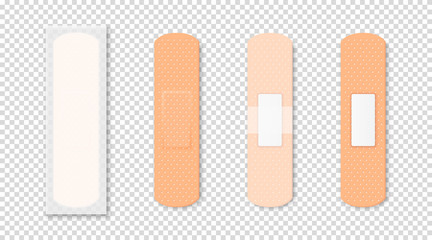Vector 3d Realistic Medical Patch Icon Set Closeup Isolated on Transparent Background. Design Template Adhesive Bandage Elastic Medical Plasters. Front and Back Side View
