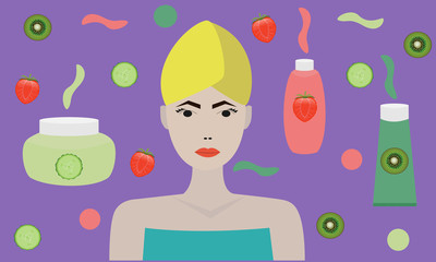 
a girl with a towel on her head, three creams with kiwi, strawberries and cucumber on a purple background with fruits