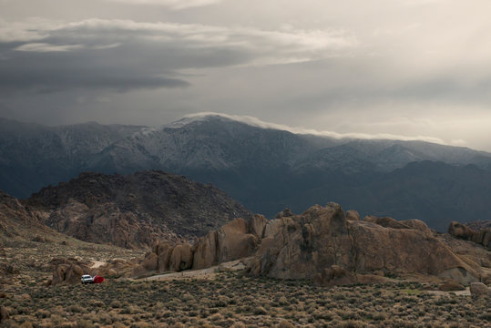 Desert Boulders in the Alabama Hills in front of contiguous Amer