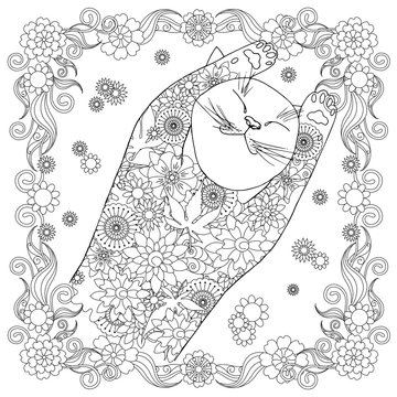 Sleeping cats lie on their backs in flowers fraime. Relax conception ink hand drawn stock vector illustration for coloring book, for web, for print