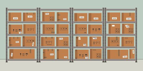 Warehouse. Storage. Shelvings with cardboard boxes. Warehouse racks. Vector flat illustration