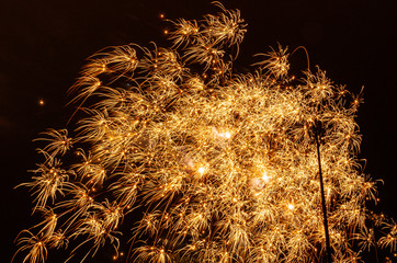 yellow starburst fireworks against black sky