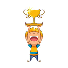 Kid lifting trophy, happy cute child