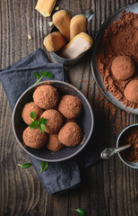 Tiramisu truffles covered in cocoa powder, easy and quick no bake dessert made from Mascarpone cheese, coffee and ladyfinger biscuits