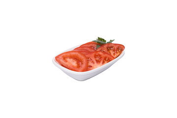 Slice tomato. Tomato in white plate on white background. Breakfast menu. Tr - dilim domates