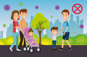 Fototapeta premium parents with children using face mask in landscape vector illustration design