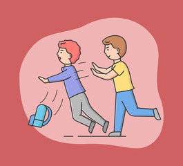 Concept Of Communication Precautionary Measures Between Students At School. Young Boys Play On Break. Boy Pushing His Friend Putting Him In Danger. Cartoon Linear Outline Flat Vector Illustration