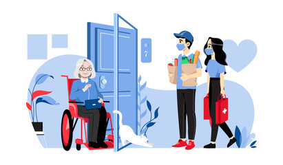 Concept Of Elderly People Help. Senior Woman In Wheelchair Meets Volunteers. Young People Have Delivered Food Supply And Medicine To Aged Woman Home. Cartoon Linear Outline Flat Vector Illustration