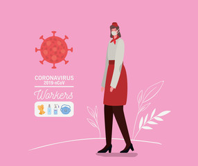 Waitress woman avatar with medical mask and uniform vector design