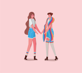 girls with costumes and lgtbi flag vector design