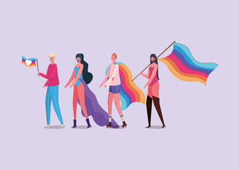 girls and boys with costumes and lgtbi flag vector design