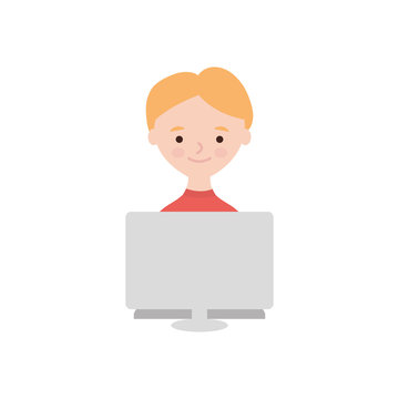 Stay home concept, cartoon man using a computer, flat style
