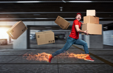 Courier with fiery feet has a lot of boxes to delivery. Emotional expression.