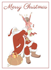 Happy Santa Claus with a sack full of gifts, play with a joyfull little girl. Christmas Cartoon characters.. Template for xmas poster, invitation, gift cards, greeting card. Merry Christmas written