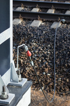 Red spark gap. Spark discharger for metal rails. Close up.