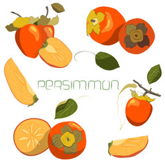 Bright vector set of colorful half, slice and whole of juicy persimmon, ice cream from persimmon.
