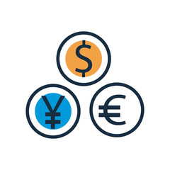 coins dollar with yen and euro fill style