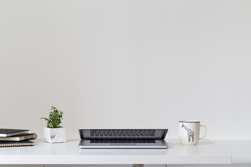 Laptop at trendy home office. Homeschooling concept. Creative desk.	
