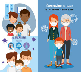 set scenes of stay at home campaign with families vector illustration design