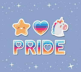 Fototapeta na wymiar lgtbi pride and kawaii unicorn and star with heart vector design
