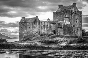 Black and white panorama of Eilean Donan castle, Dornie, Scotland