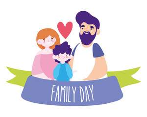 Mother father and daughter with family day ribbon vector design