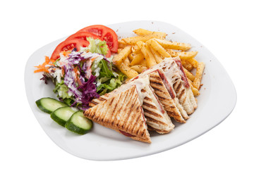 breakfast plate and cheese toast, with tomatoes, cucumbers and greens
