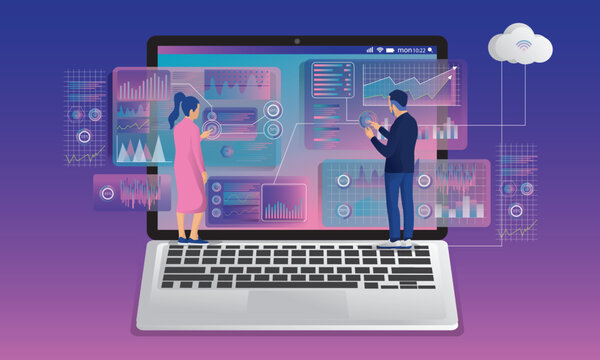 Concept of digital technology. Businessman and Businesswoman standing in front of the laptop and looks at growth statistics. marked checklist on-screen, Vector. Successful completion of business tasks