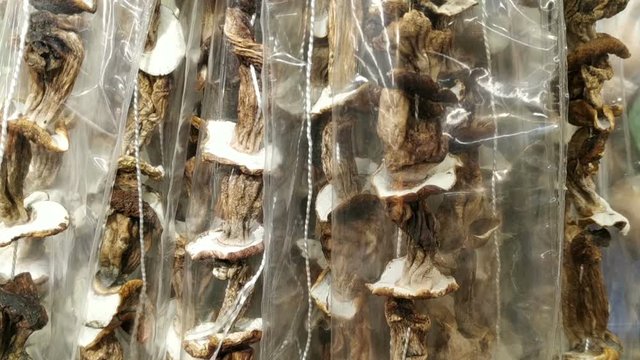 Dried mushrooms strung on a string Packed in polyethylene. Real time, indoor