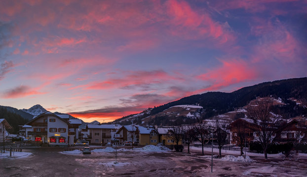 San Candido / Innichen at sunset in South Tyrol / Alto Adige, Italy during winter season. January 2020