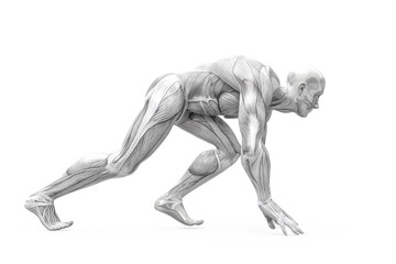 Obraz na płótnie Canvas muscleman anatomy heroic body doing a runner pose in white background