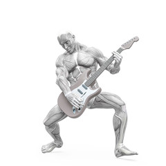 muscleman anatomy heroic body is playing guitar and doing a solo in white background
