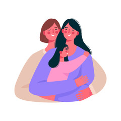 Happy lesbian family, gay couple with a baby. Two woman hugging baby. Gay parents embracing adopted girl and expressing love and care. Wife and wife together. Flat cartoon vector illustration
