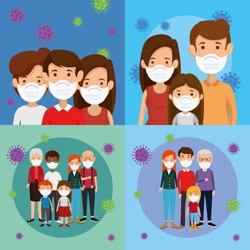 set scenes of families using face mask vector illustration design