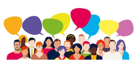 Big people group with speech bubbles. Banner concept of business, internet discuss, news, social networks, chat, dialogue.
