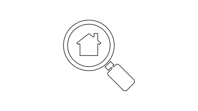 Black line Search house icon isolated on white background. Real estate symbol of a house under magnifying glass. 4K Video motion graphic animation