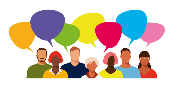 Big people group with speech bubbles. Banner concept of business, internet discuss, news, social networks, chat, dialogue.
