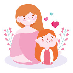 Mother with daughter and hearts leaves vector design