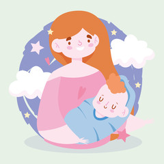 Mother with baby and clouds vector design