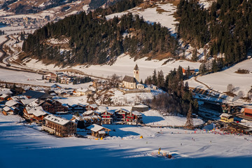 Top view on Monte Elmo, Dolomites, Italy - Mountain skiing and snowboarding. Sexten Sesto , Trentino-Alto Adige, Puster Valley Alta Pusteria , South Tyrol. January 2020