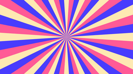 Abstract starburst background with pink, blue, yellow, red rays. Banner vector illustration.