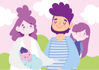 Mother father baby and daughter and clouds vector design