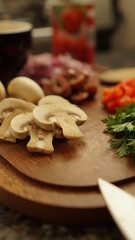 mushroom and vegetables prepared for healthy cooking, olives, onion, parsley