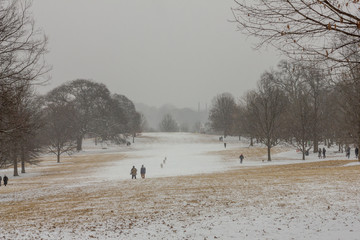 Looking across a snow covered wide open space in a park in urban Atlanta during winter in the south
