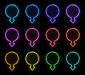 Neon arrow circle sign set on black background. Glowing light color banner with text space. Night street wall direction pointer. Advertising bar club shop signboard design. Bright vector illustration.