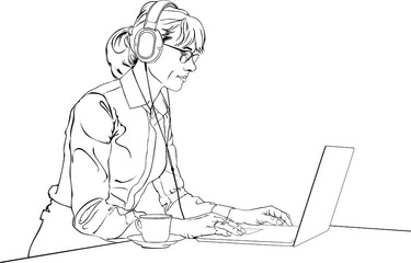 White woman works with laptop and headphones at table. Vector drawing.