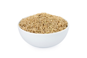Brown basmati rice, brown basmati rice in white bowl, on white background (Tr- esmer basmati) - obrazy, fototapety, plakaty