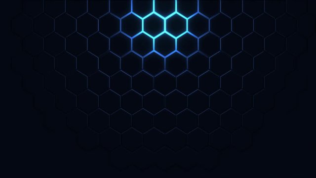 Dark tech abstract hexagon animation with blue neon light. Glowing futuristic technology background with hexagon texture for medical, business, engineering, science, technology concept.