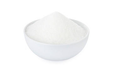 Granulated sugar, granulated sugar in white bowl, over white background (Tr- seker, toz seker)